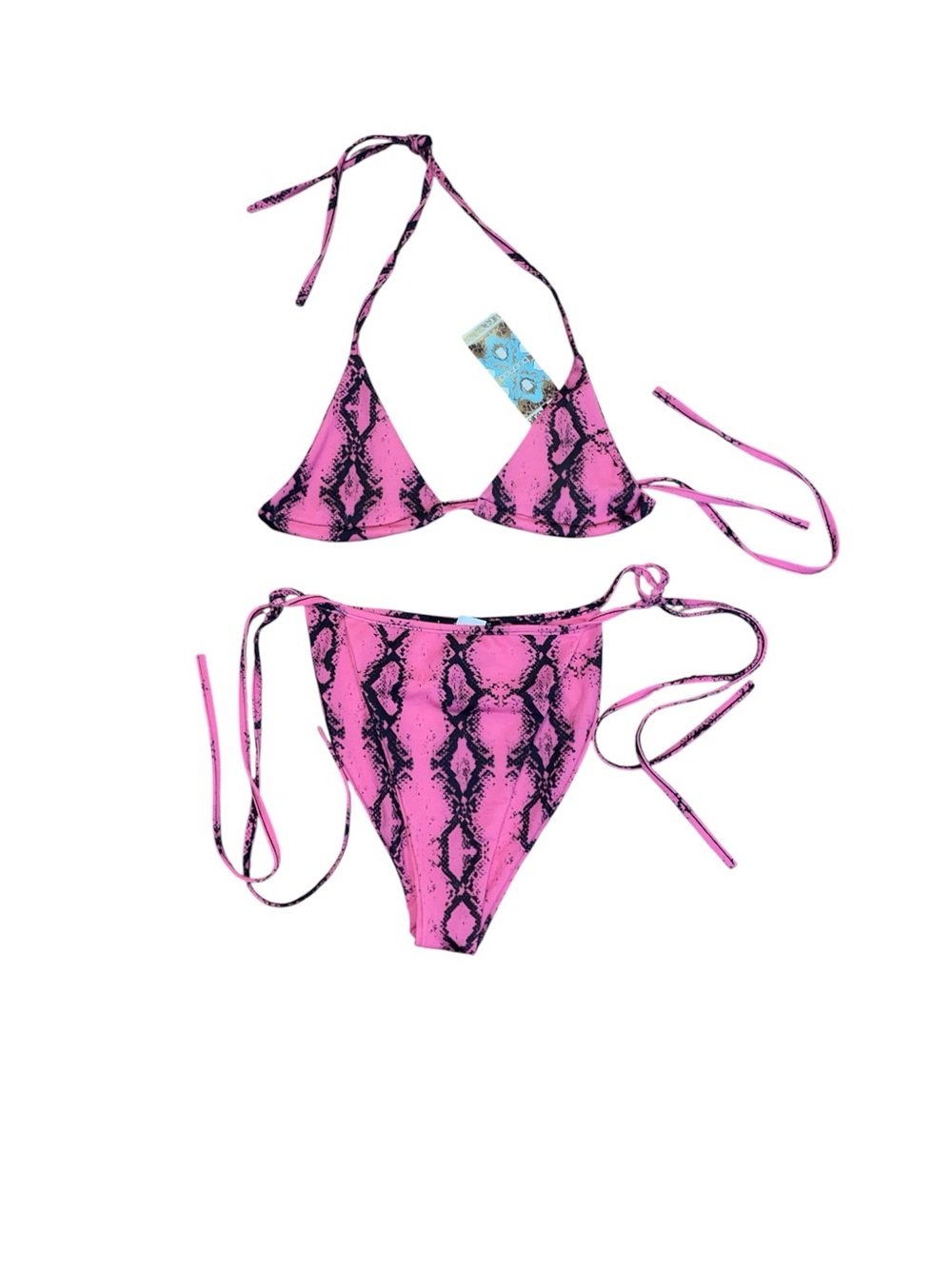 Boohoo Pink & Black Snake Print Triangle Tie-Side Bikini